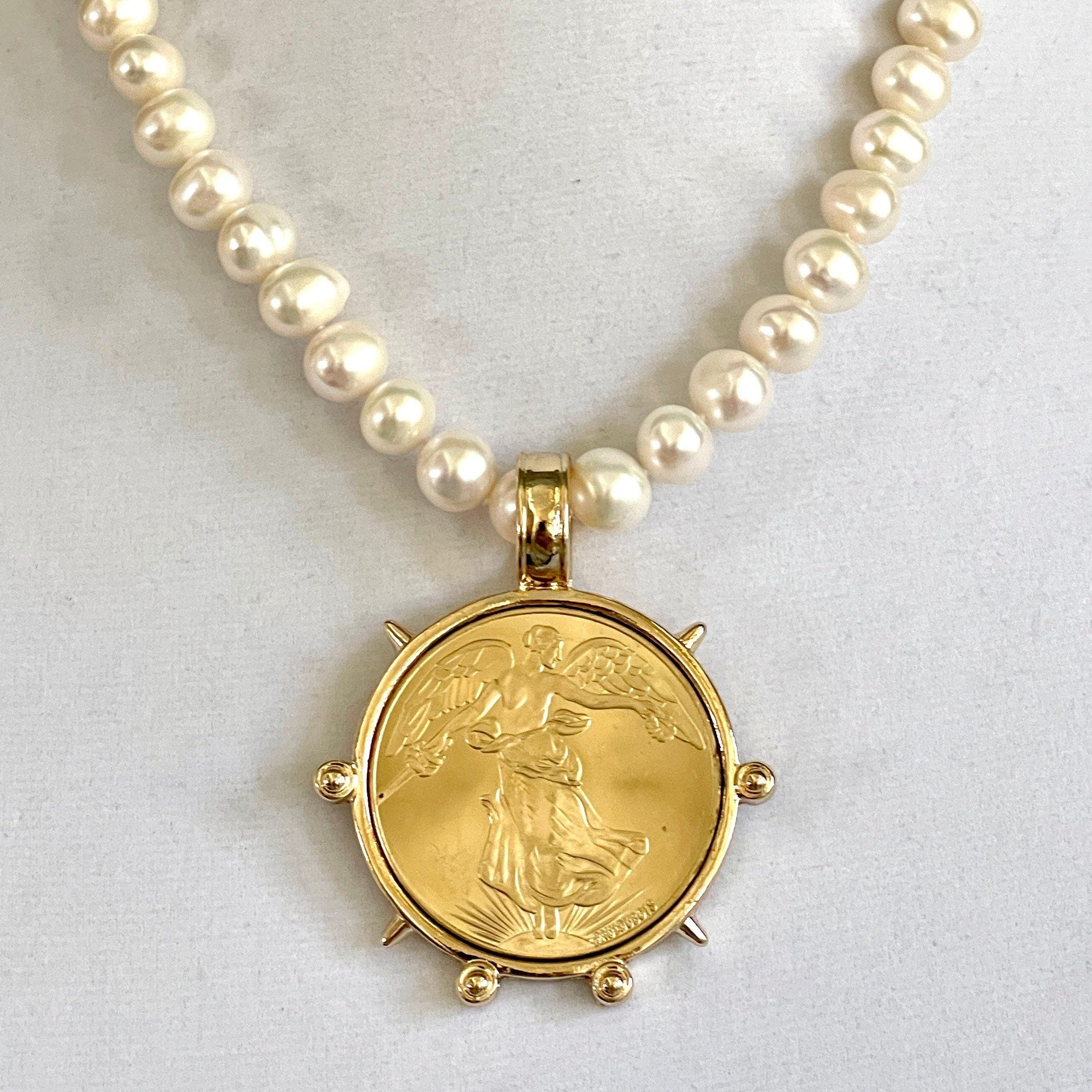 Freshwater Pearl Necklace-Reproduction French Coin-Commemorative Medal