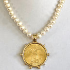 Freshwater Pearl Necklace-Gold Reproduction French Coin-Commemorative Medal- Antique Style -Spiked Bezel Pendant-Gift For Her