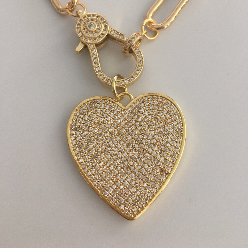 Gold Paperclip Link Chain Necklace: Pave Lobster Clasp, Heart Pendant