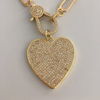 Gold Paperclip Link Chain Necklace: Pave Lobster Clasp, Heart Pendant