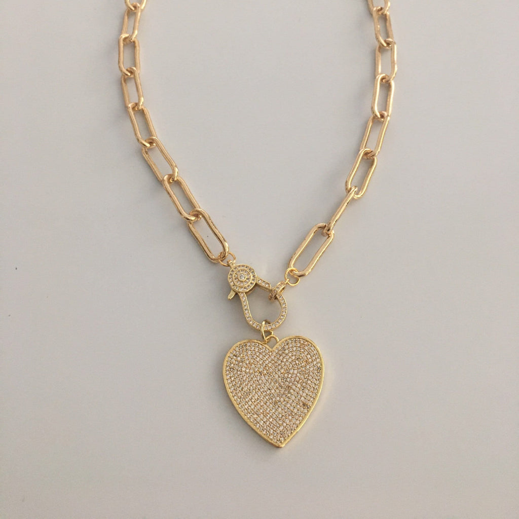 Gold Paperclip Link Chain Necklace: Pave Lobster Clasp, Heart Pendant