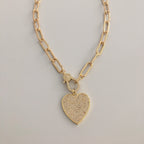 Gold Paperclip Link Chain Necklace: Pave Lobster Clasp, Heart Pendant