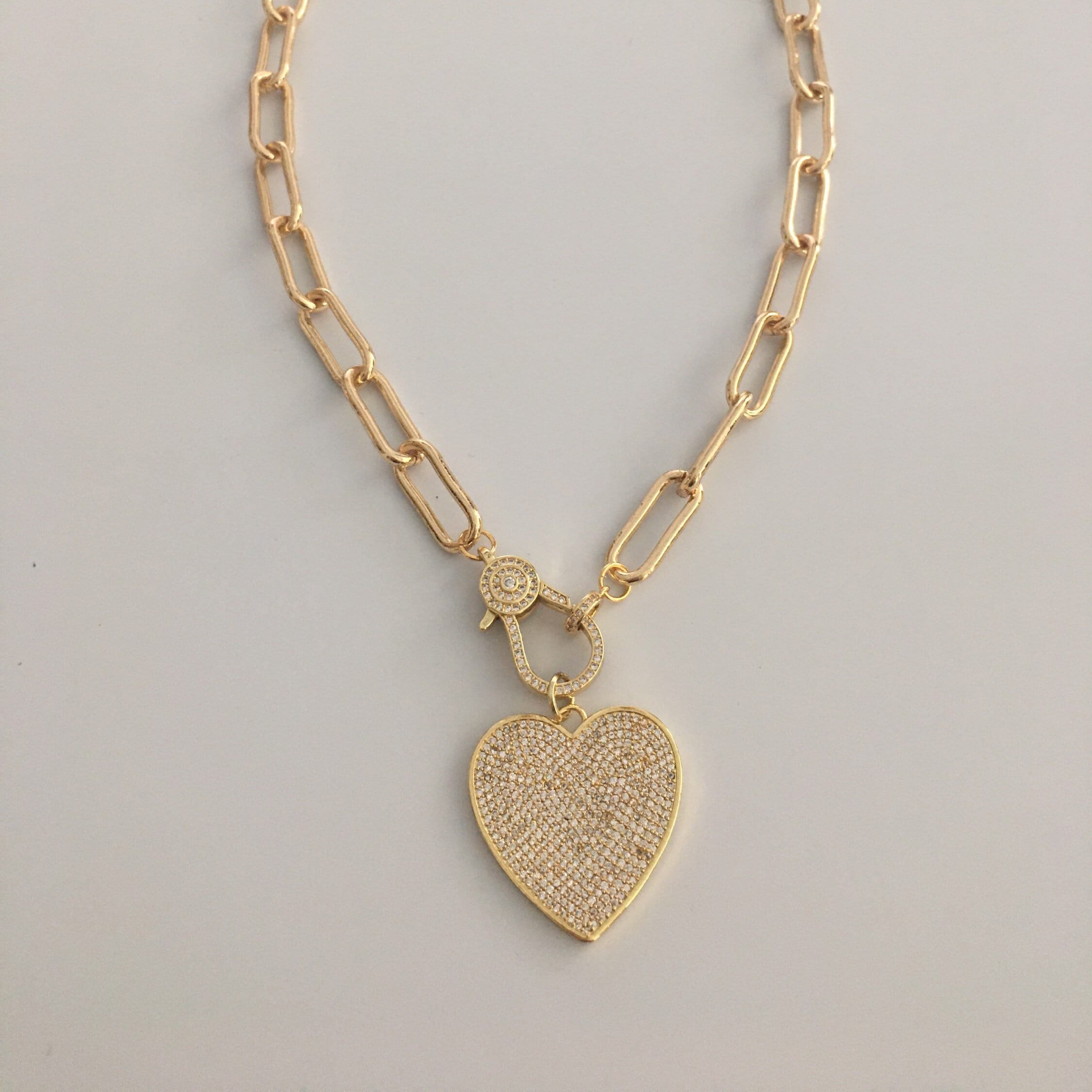 Gold Paperclip Link Chain Necklace: Pave Lobster Clasp, Heart Pendant