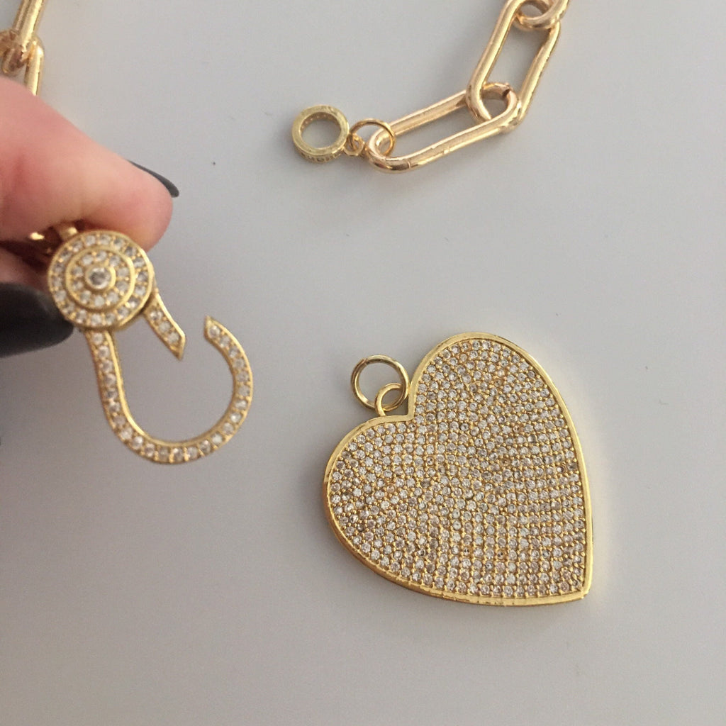 Gold Paperclip Link Chain Necklace: Pave Lobster Clasp, Heart Pendant