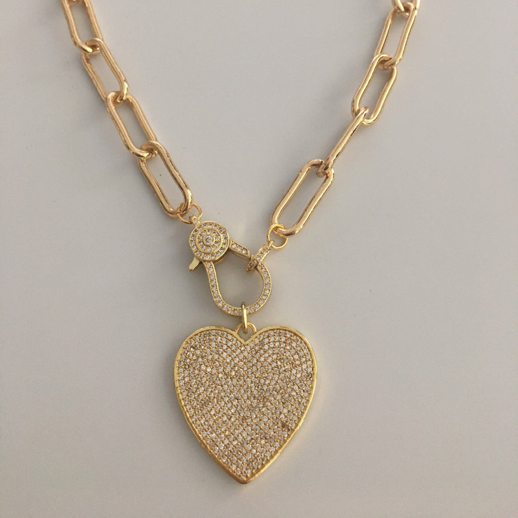 Gold Paperclip Link Chain Necklace: Pave Lobster Clasp, Heart Pendant