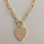 Gold Paperclip Link Chain Necklace: Pave Lobster Clasp, Heart Pendant