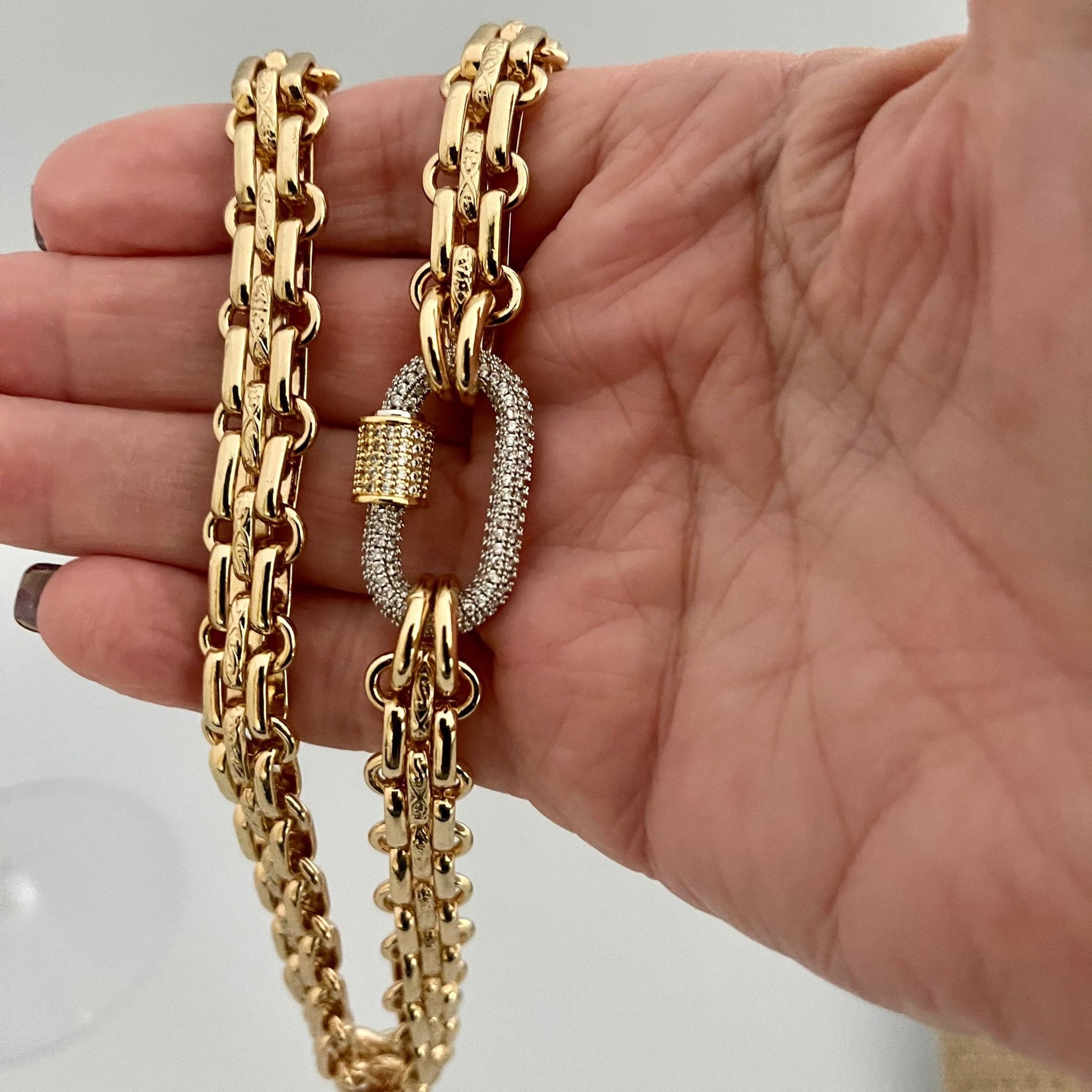 Gold Carabiner Necklace-Chunky Multilink Chain Necklace-Shiny Gold Textured Chain Necklace- Pave Carabiner Screw Lock Clasp