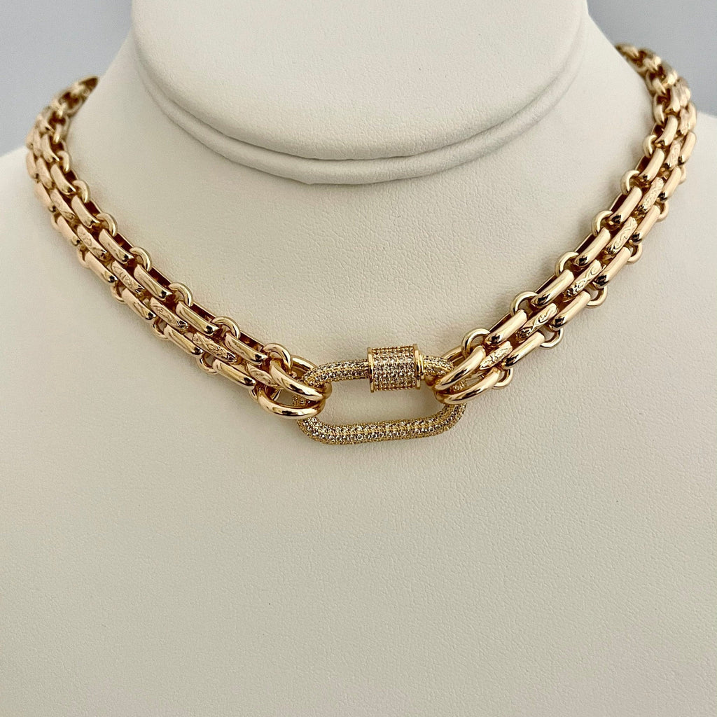 Gold Carabiner Necklace-Chunky Multilink Chain Necklace-Shiny Textured Chain Necklace- Pave Screw Lock Clasp
