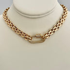 Gold Carabiner Necklace-Chunky Multilink Chain Necklace-Shiny Textured Chain Necklace- Pave Screw Lock Clasp