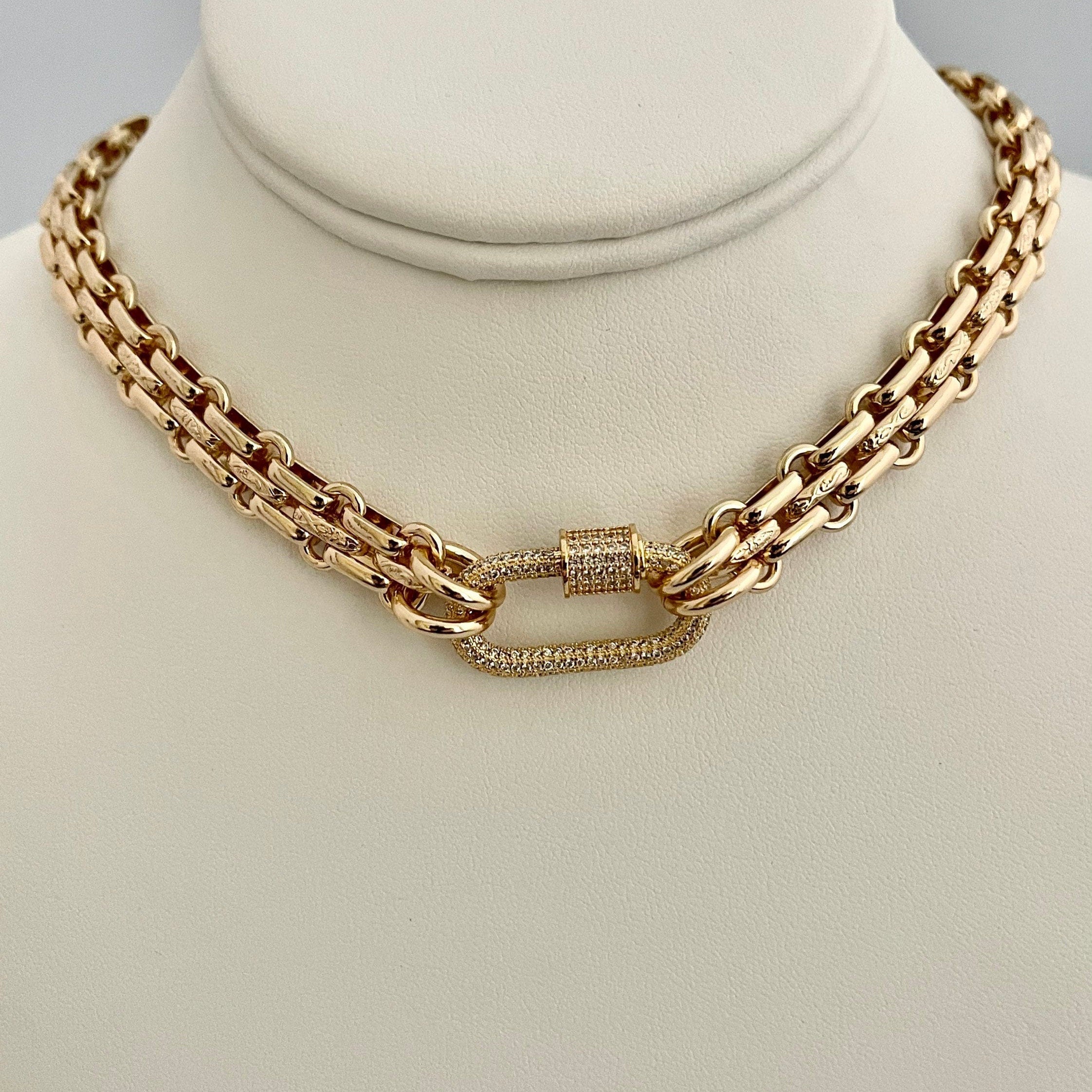 Gold Carabiner Necklace-Chunky Multilink Chain Necklace-Shiny Textured Chain Necklace- Pave Screw Lock Clasp