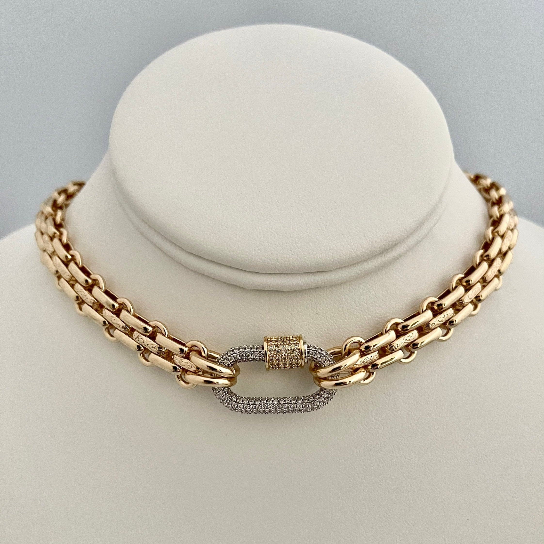 Gold Carabiner Necklace-Chunky Multilink Chain Necklace-Shiny Textured Chain Necklace- Pave Screw Lock Clasp