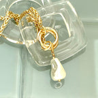 Gold Chunky Rope Necklace-Double Crossover Connector-Baroque Glass Pearl Replica Pendant-Lobster Clasp-Wheat Chain-Gift For Her