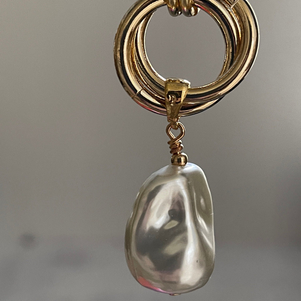 Gold Chunky Rope Necklace-Double Crossover Connector-Baroque Glass Pearl Replica Pendant-Lobster Clasp-Wheat Chain-Gift For Her