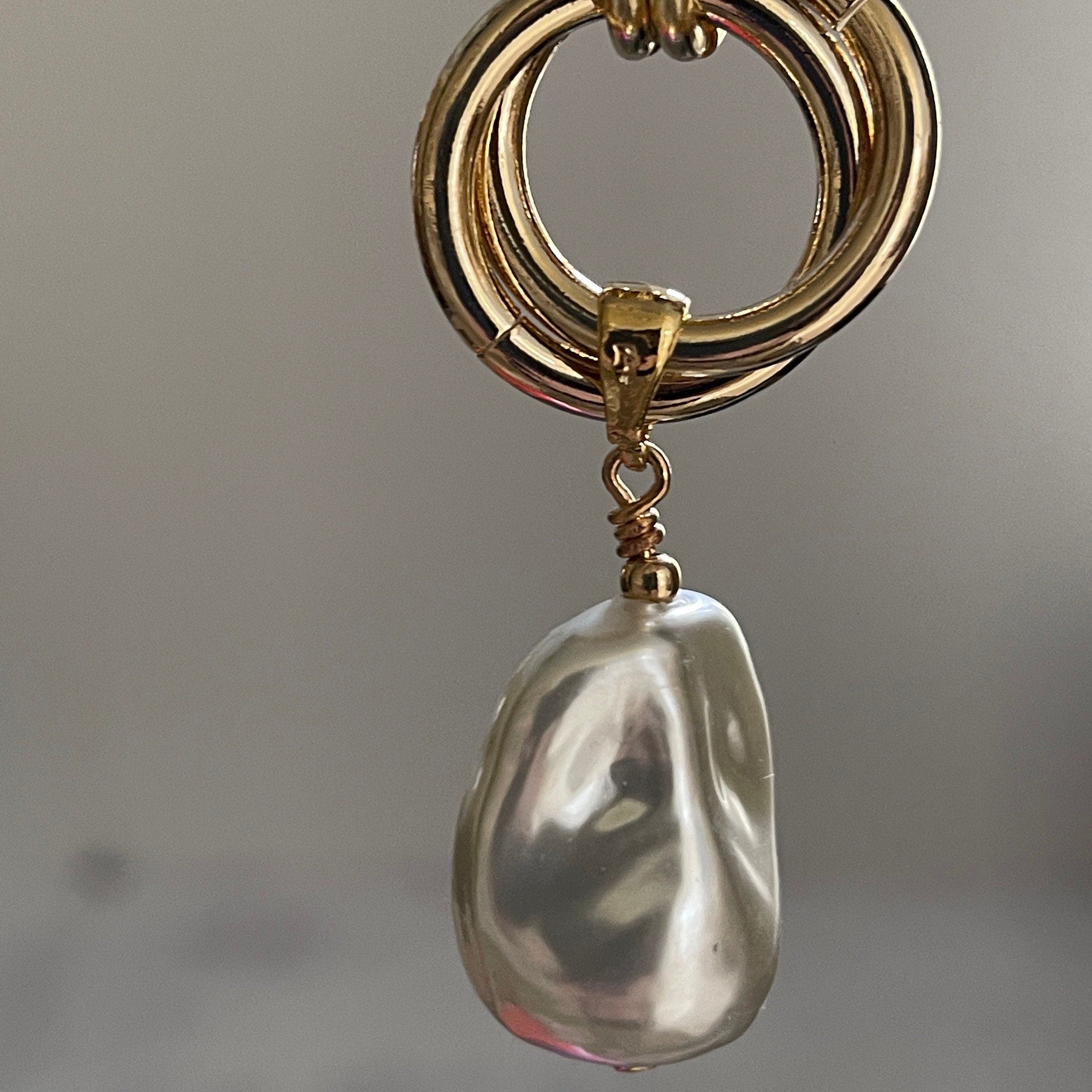 Gold Chunky Rope Necklace-Double Crossover Connector-Baroque Glass Pearl Replica Pendant-Lobster Clasp-Wheat Chain-Gift For Her