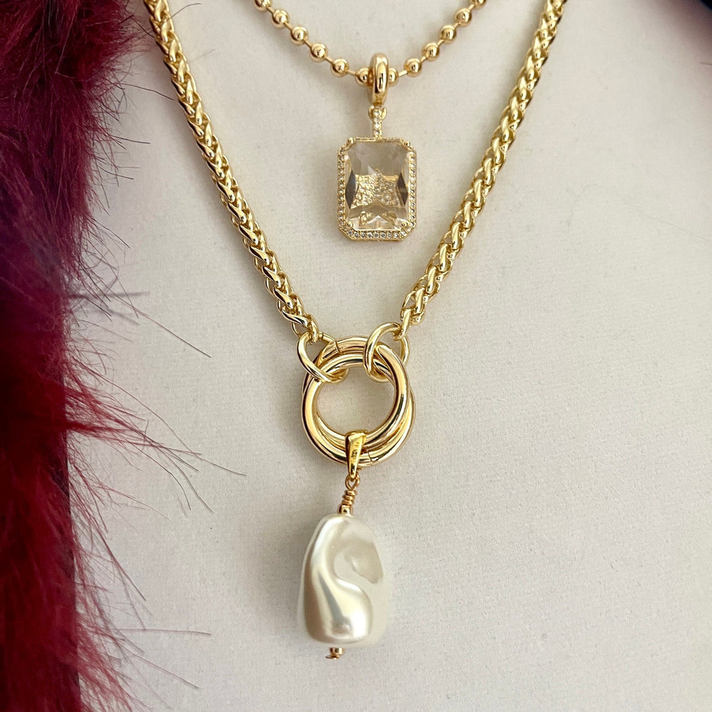 Gold Chunky Rope Necklace-Double Crossover Connector-Baroque Glass Pearl Replica Pendant-Lobster Clasp-Wheat Chain-Gift For Her