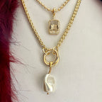 Gold Chunky Rope Necklace-Double Crossover Connector-Baroque Glass Pearl Replica Pendant-Lobster Clasp-Wheat Chain-Gift For Her