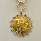 Gold Coin Necklace-Multi Link Chain Necklace-Reproduction French Madagascar Coin Pendant-Cubic Zirconia Bezel Coin-Spring Lock Clasp