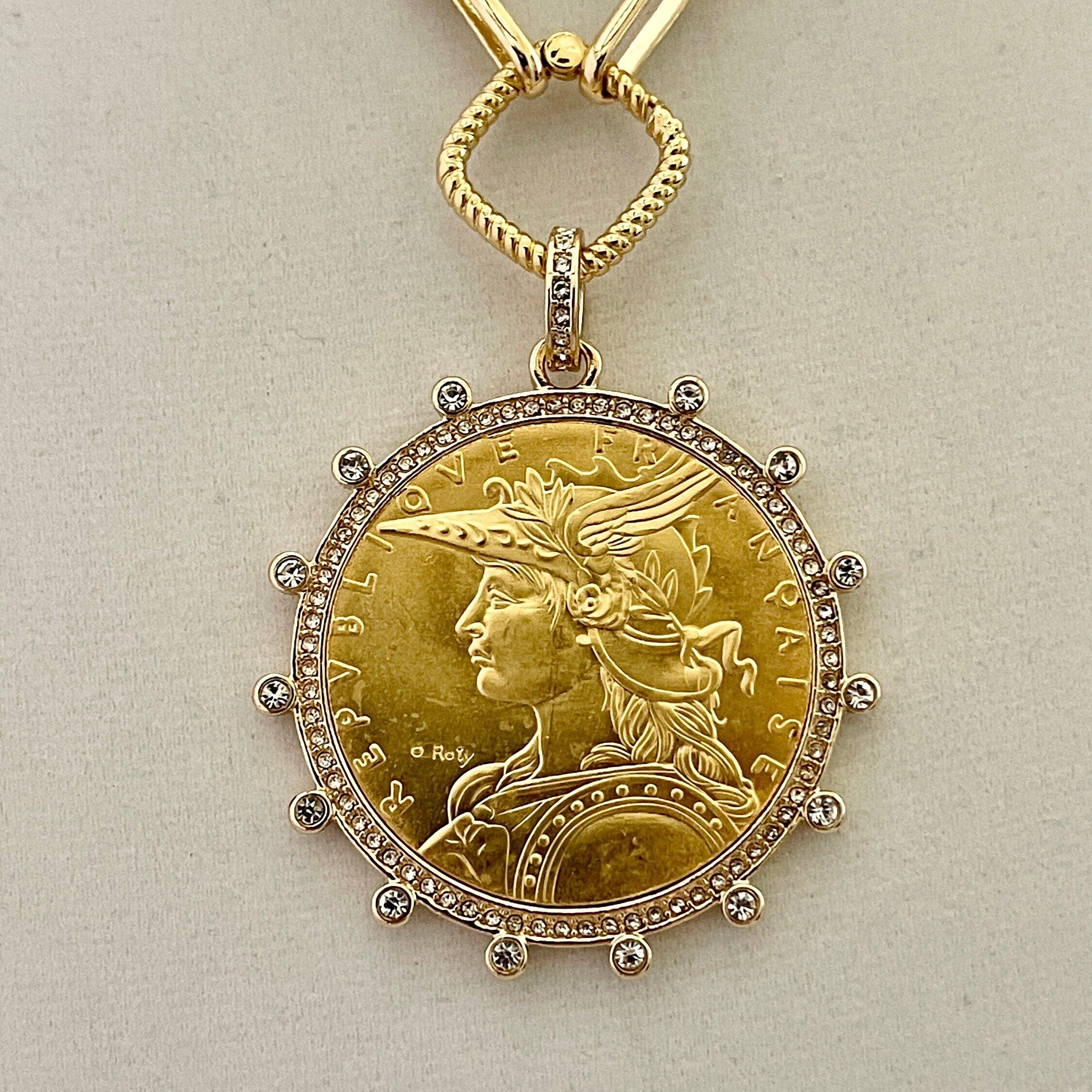 Gold Coin Necklace-Multi Link Chain Necklace-Reproduction French Madagascar Coin Pendant-Cubic Zirconia Bezel Coin-Spring Lock Clasp