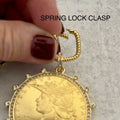 Gold Coin Necklace-Multi Link Chain Necklace-Reproduction French Madagascar Coin Pendant-Cubic Zirconia Bezel Coin-Spring Lock Clasp