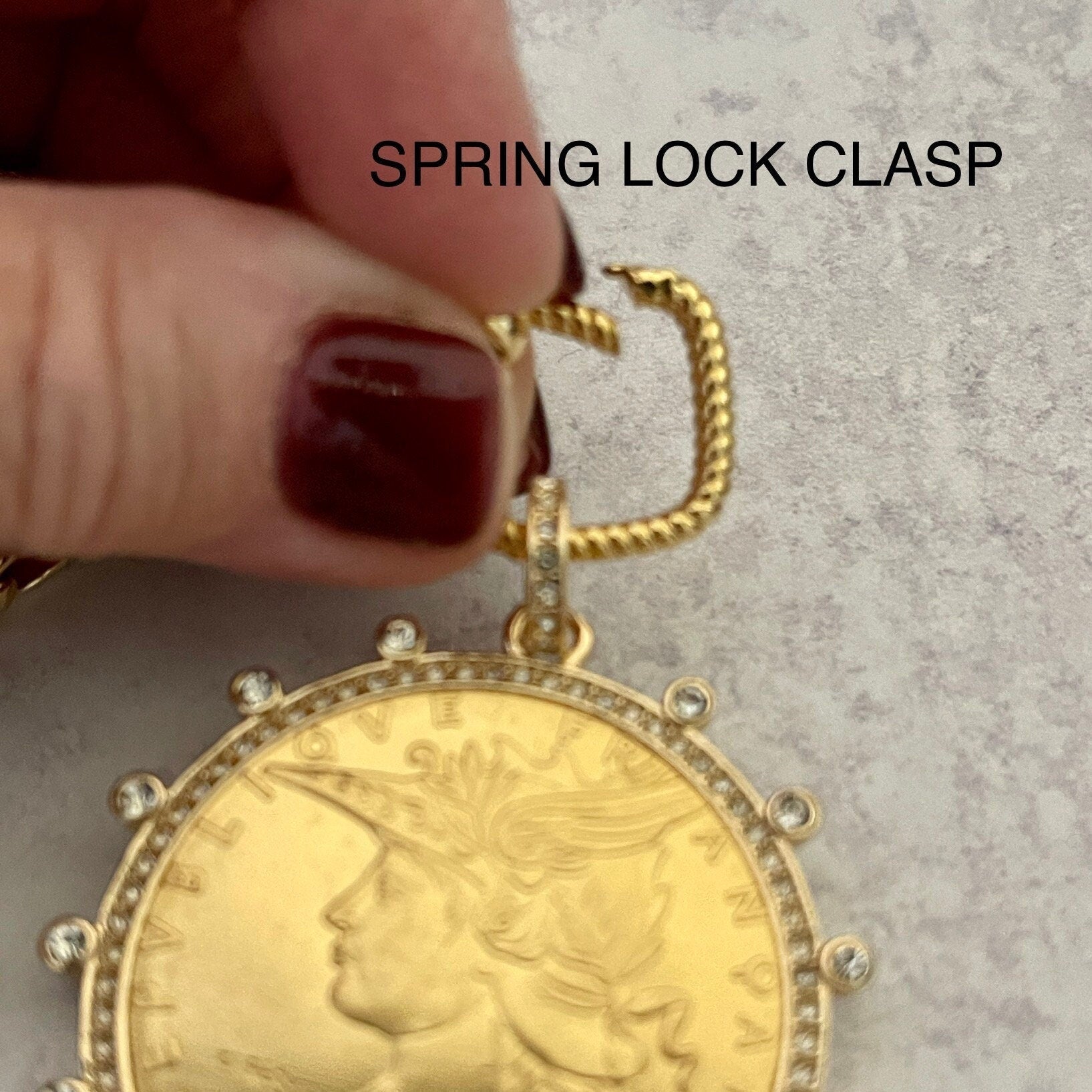 Gold Coin Necklace-Multi Link Chain Necklace-Reproduction French Madagascar Coin Pendant-Cubic Zirconia Bezel Coin-Spring Lock Clasp