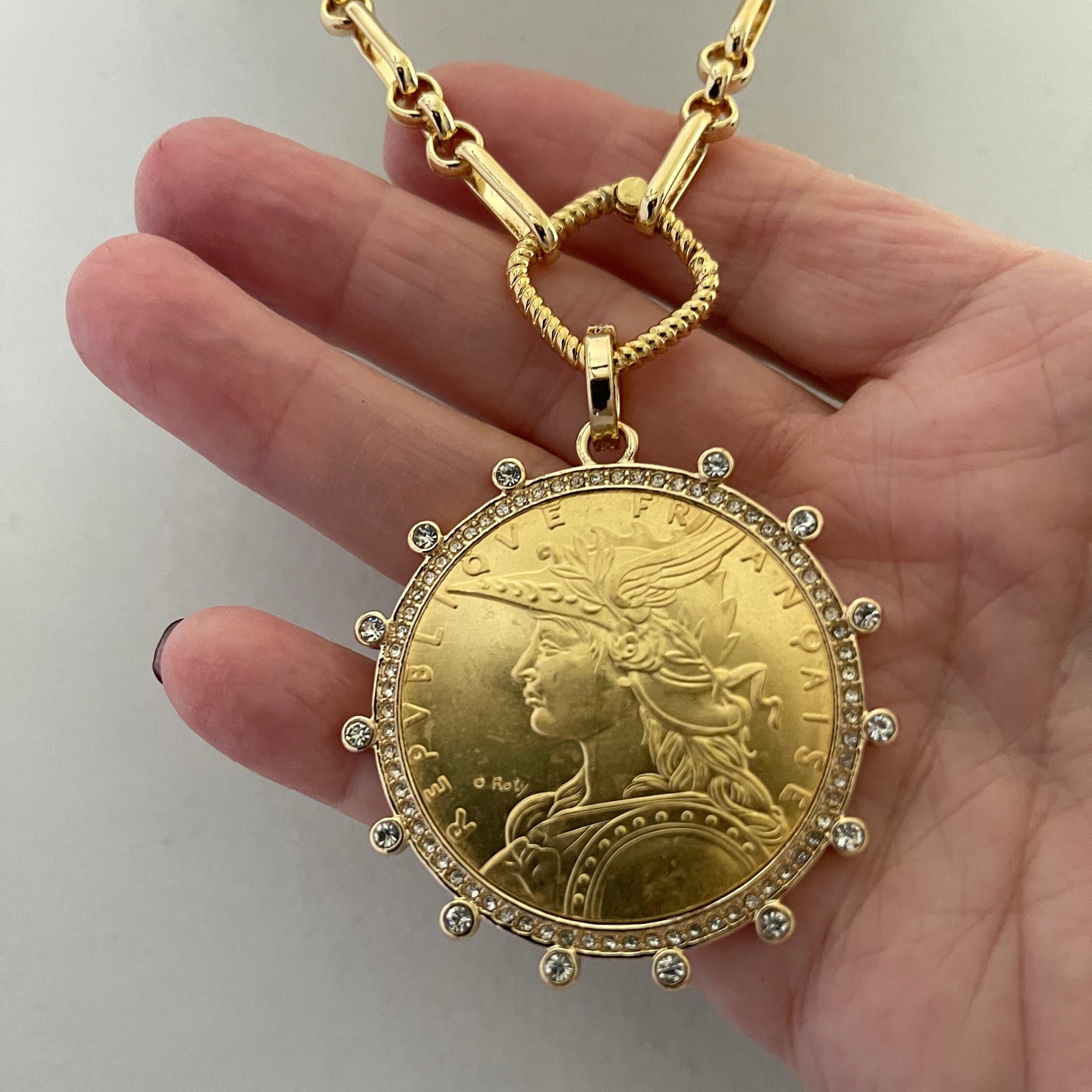 Gold Coin Necklace-Multi Link Chain Necklace-Reproduction French Madagascar Coin Pendant-Cubic Zirconia Bezel Coin-Spring Lock Clasp