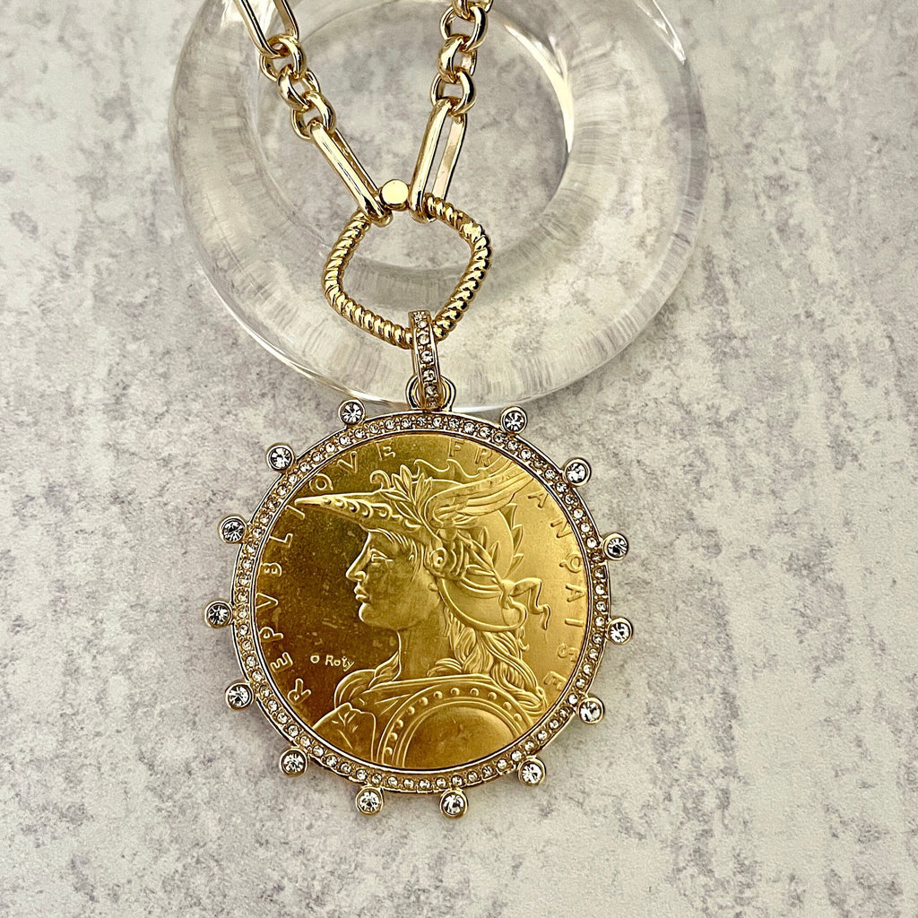 Gold Coin Necklace-Multi Link Chain Necklace-Reproduction French Madagascar Coin Pendant-Cubic Zirconia Bezel Coin-Spring Lock Clasp