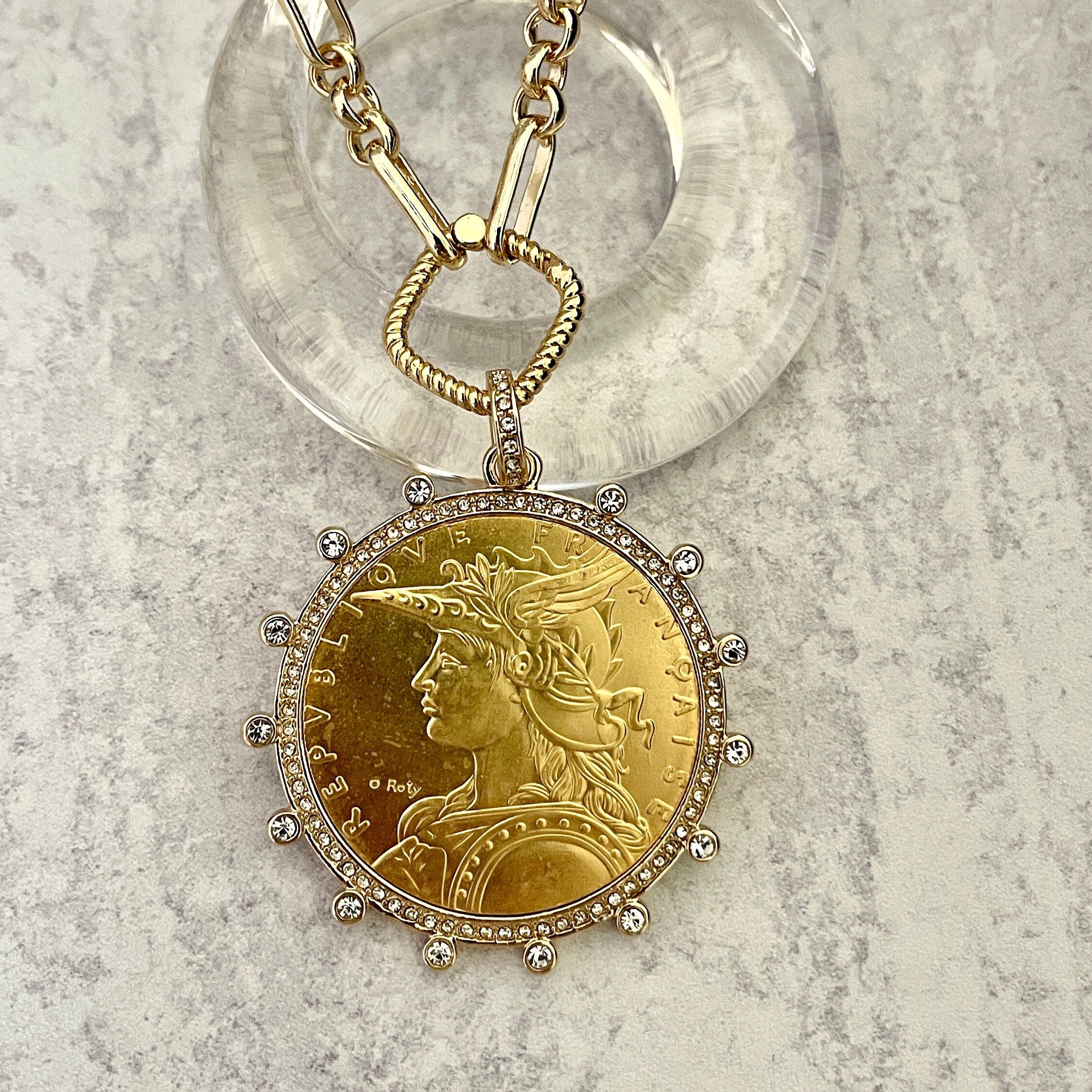 Gold Coin Necklace-Multi Link Chain Necklace-Reproduction French Madagascar Coin Pendant-Cubic Zirconia Bezel Coin-Spring Lock Clasp
