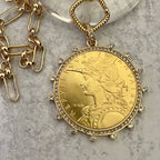 Gold Coin Necklace-Multi Link Chain Necklace-Reproduction French Madagascar Coin Pendant-Cubic Zirconia Bezel Coin-Spring Lock Clasp