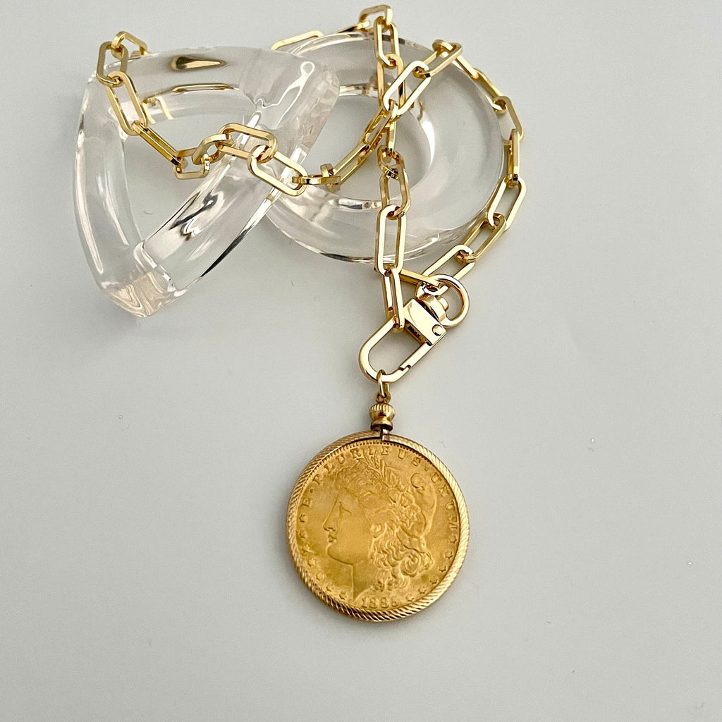 Gold Coin Pendant-Paperclip Chain Necklace-Shiny Gold Coin-Reproduction Coin-LibertyCoin-Carabiner Clasp-Spring Lock Clasp-Aesthetic Jewel