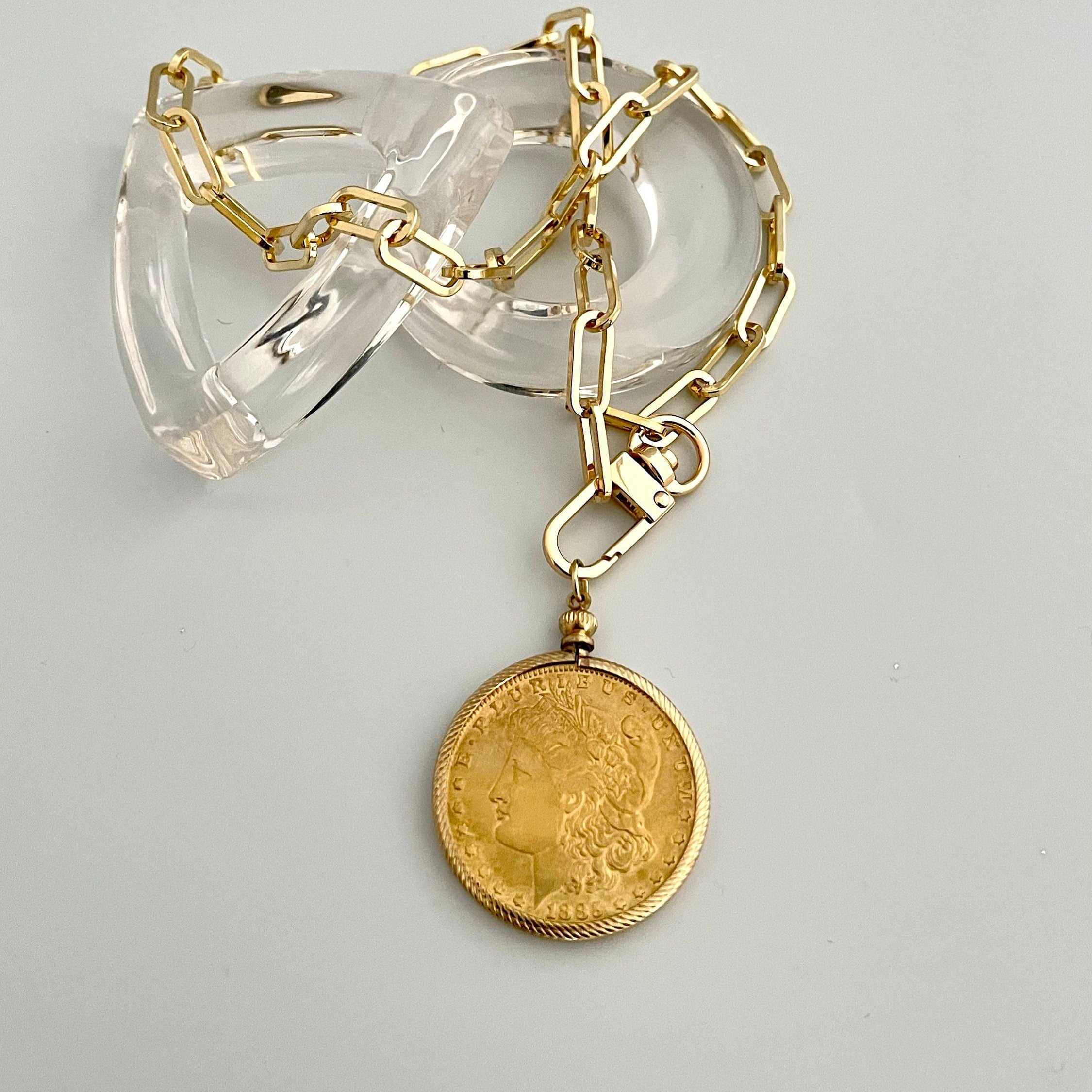 Gold Coin Pendant-Paperclip Chain Necklace-Shiny Gold Coin-Reproduction Coin-LibertyCoin-Carabiner Clasp-Spring Lock Clasp-Aesthetic Jewel