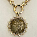 Burnished Silver Morgan Dollar Coin Necklace, Gold CZ Pearl Bezel