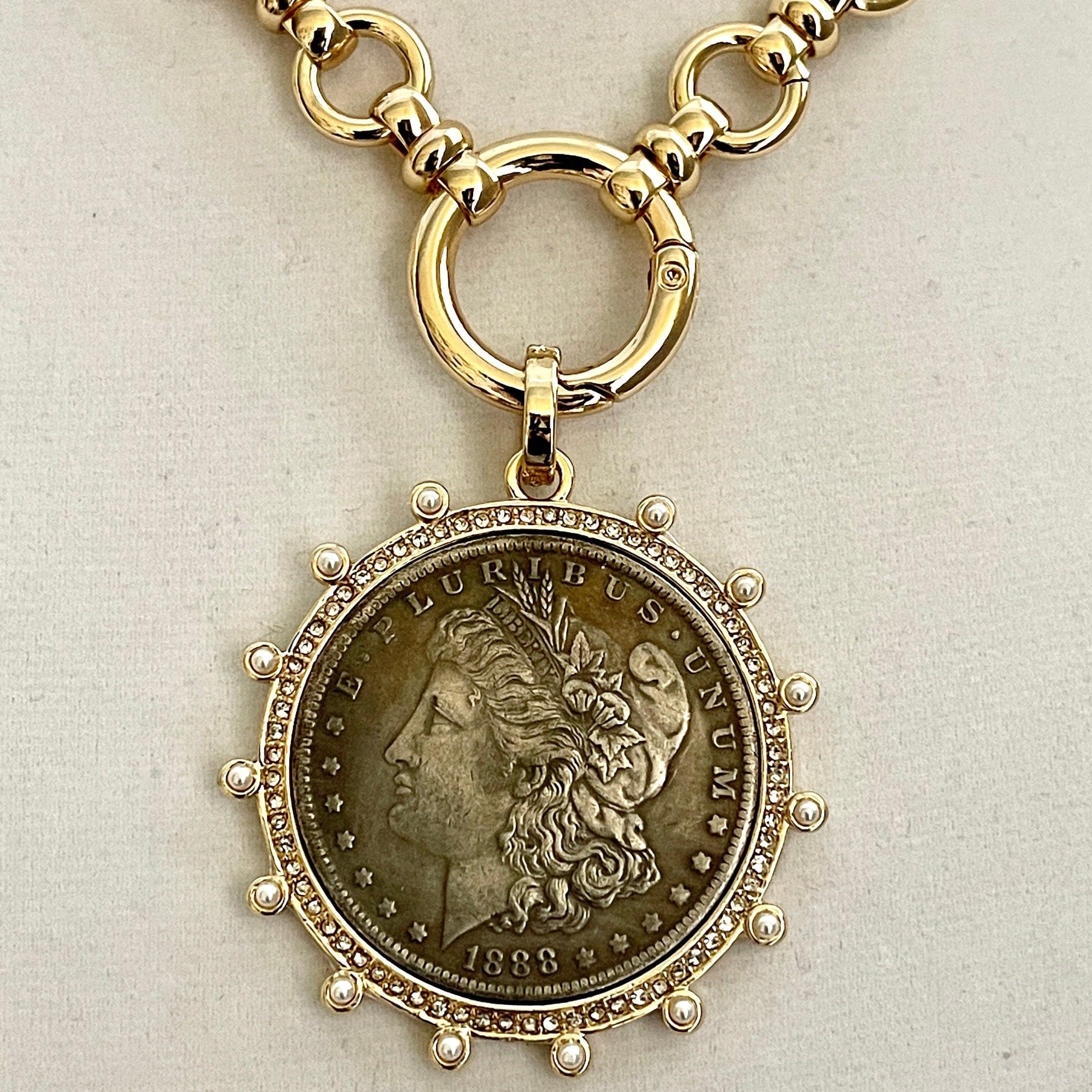 Burnished Silver Morgan Dollar Coin Necklace, Gold CZ Pearl Bezel