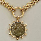 Gold Chunky Multilink Chain Necklace-French Coin Pendant-Replica Coin with Bezel, Art Deco Coin- Gold Textured Chain Necklace-Spring Clasp