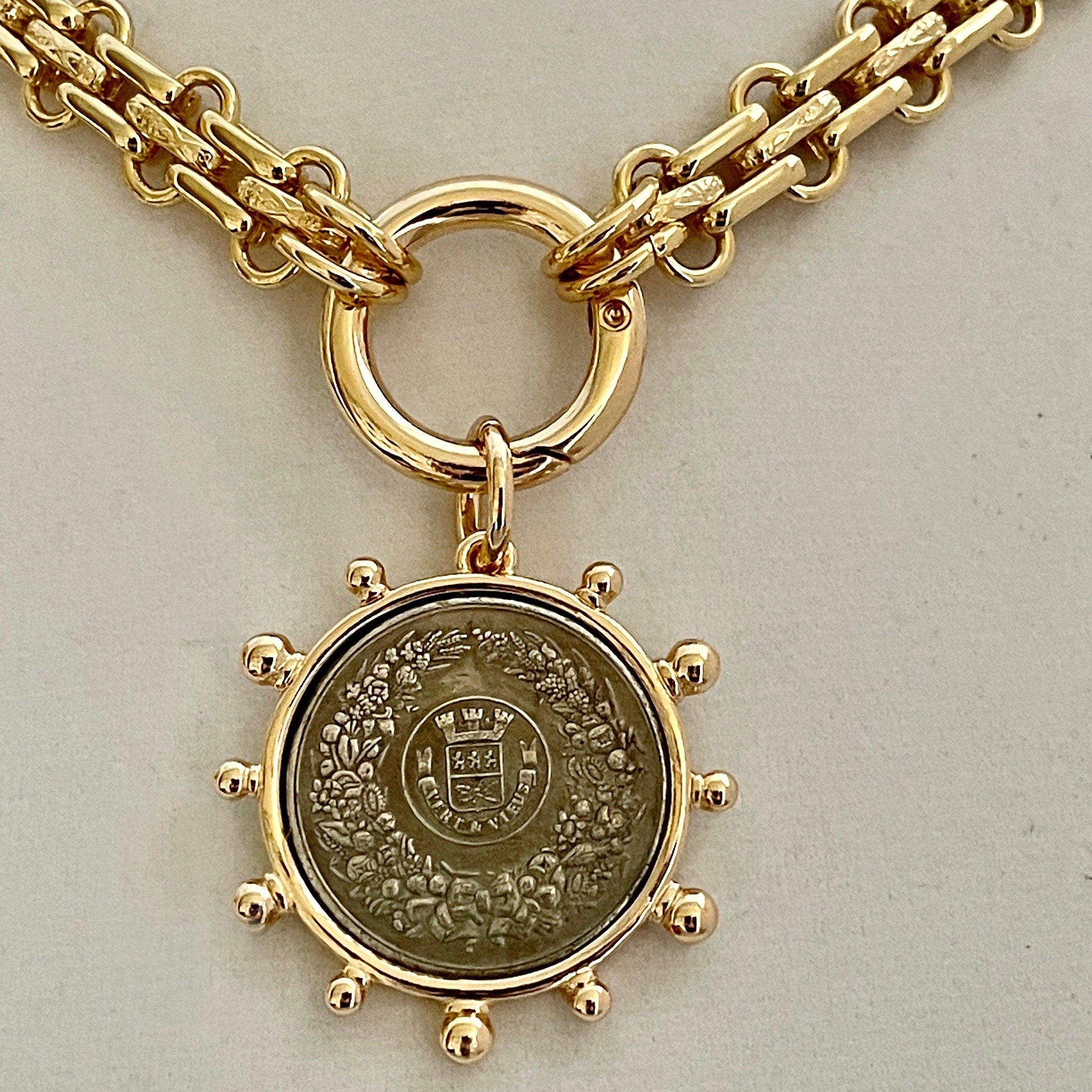 Gold Chunky Chain Necklace, French Coin Pendant, Art Deco Style