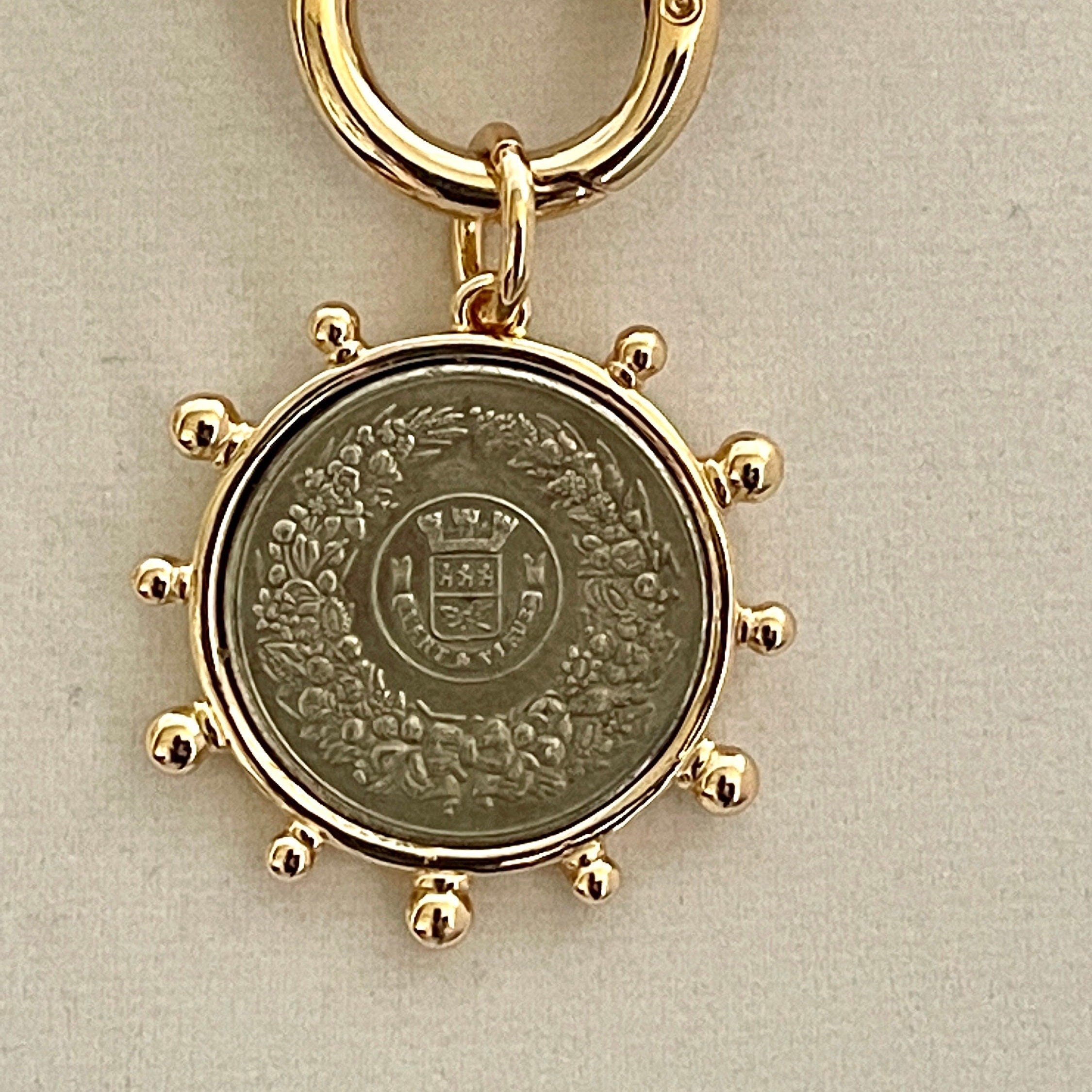 Gold Chunky Chain Necklace, French Coin Pendant, Art Deco Style