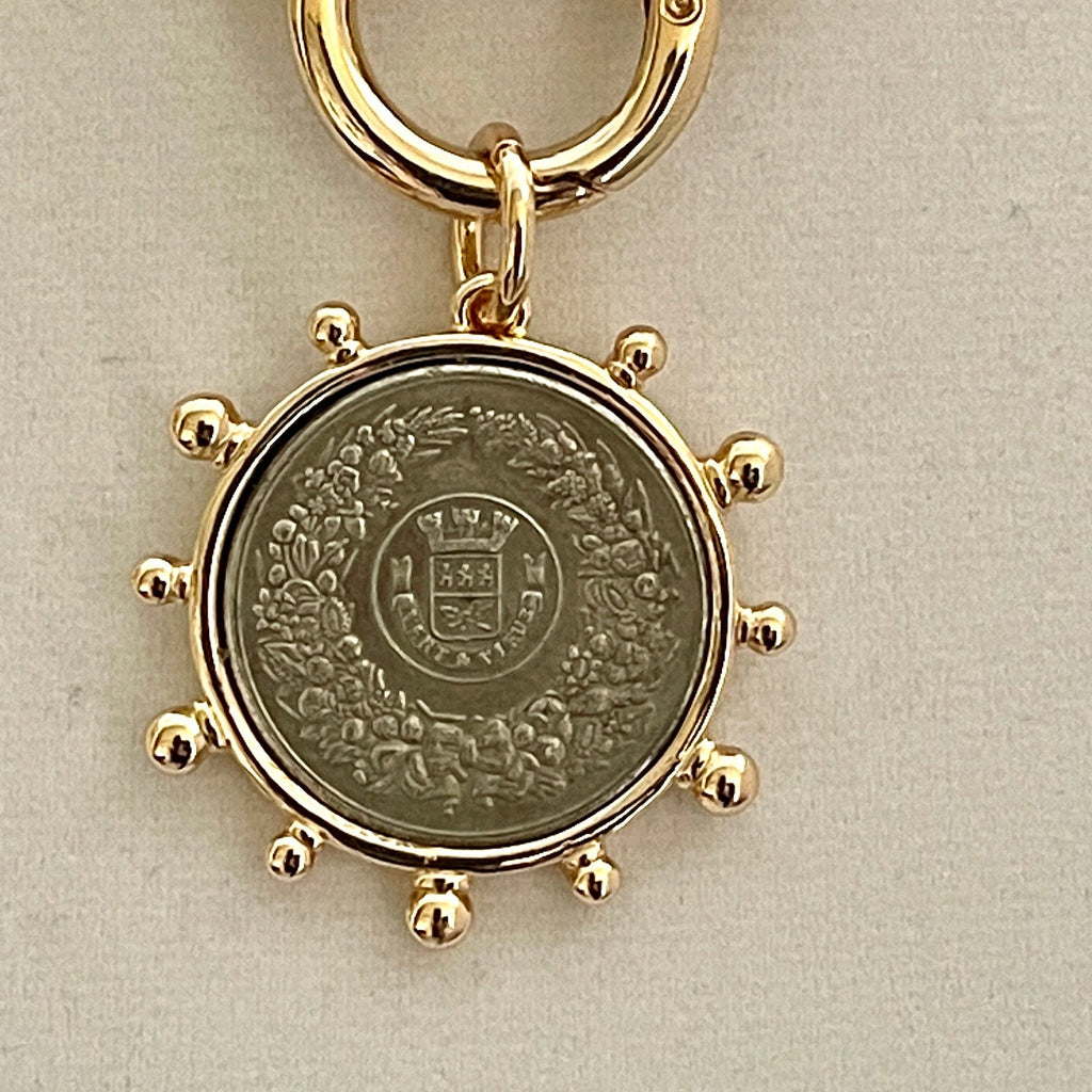 Gold Chunky Multilink Chain Necklace-French Coin Pendant-Replica Coin with Bezel, Art Deco Coin- Gold Textured Chain Necklace-Spring Clasp