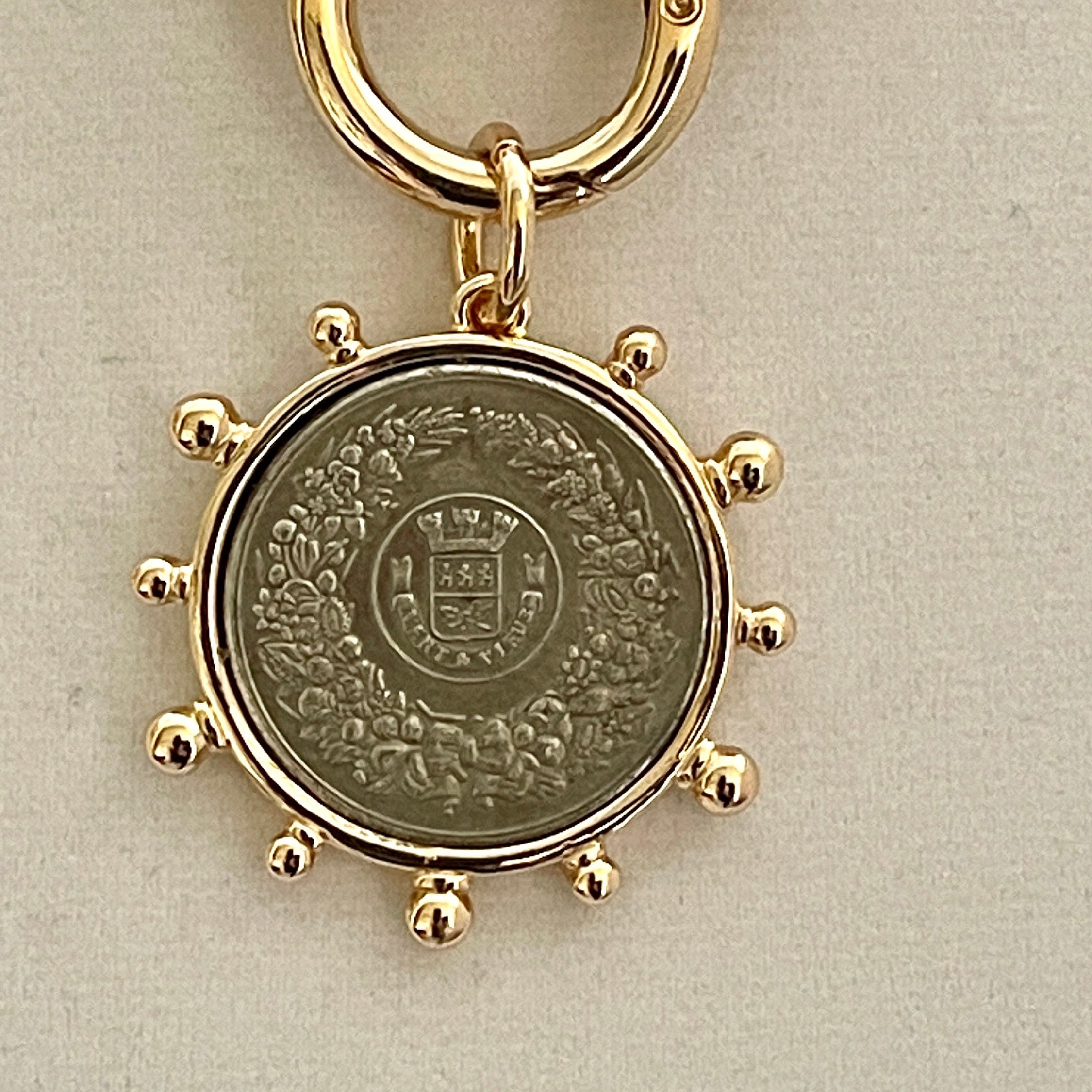 Gold Chunky Chain Necklace, French Coin Pendant, Art Deco Style