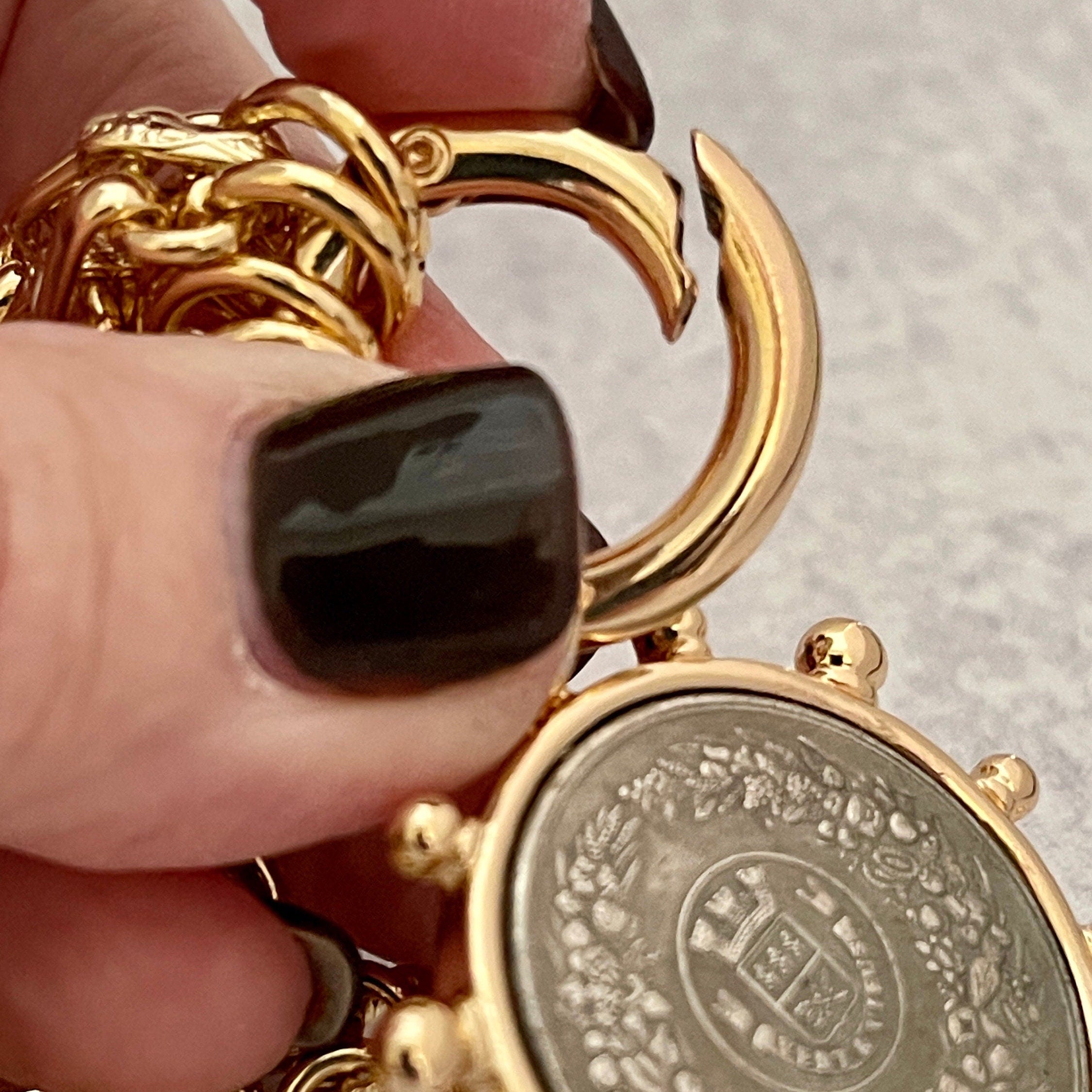 Gold Chunky Multilink Chain Necklace-French Coin Pendant-Replica Coin with Bezel, Art Deco Coin- Gold Textured Chain Necklace-Spring Clasp