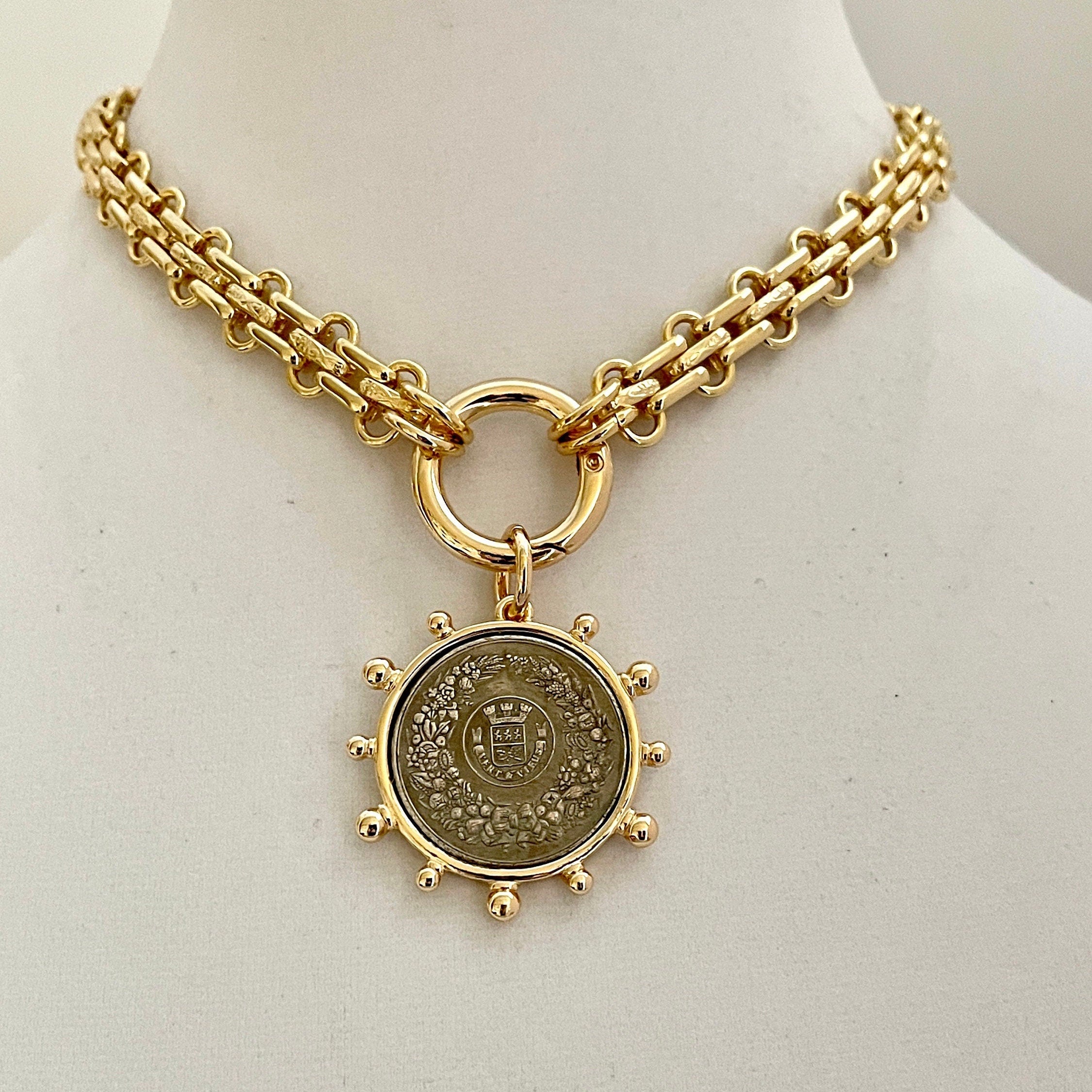 Gold Chunky Chain Necklace, French Coin Pendant, Art Deco Style