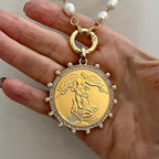 Gold French Coin Pendant-Porcelain Pearl Necklace-Reproduction Commemorative Coin