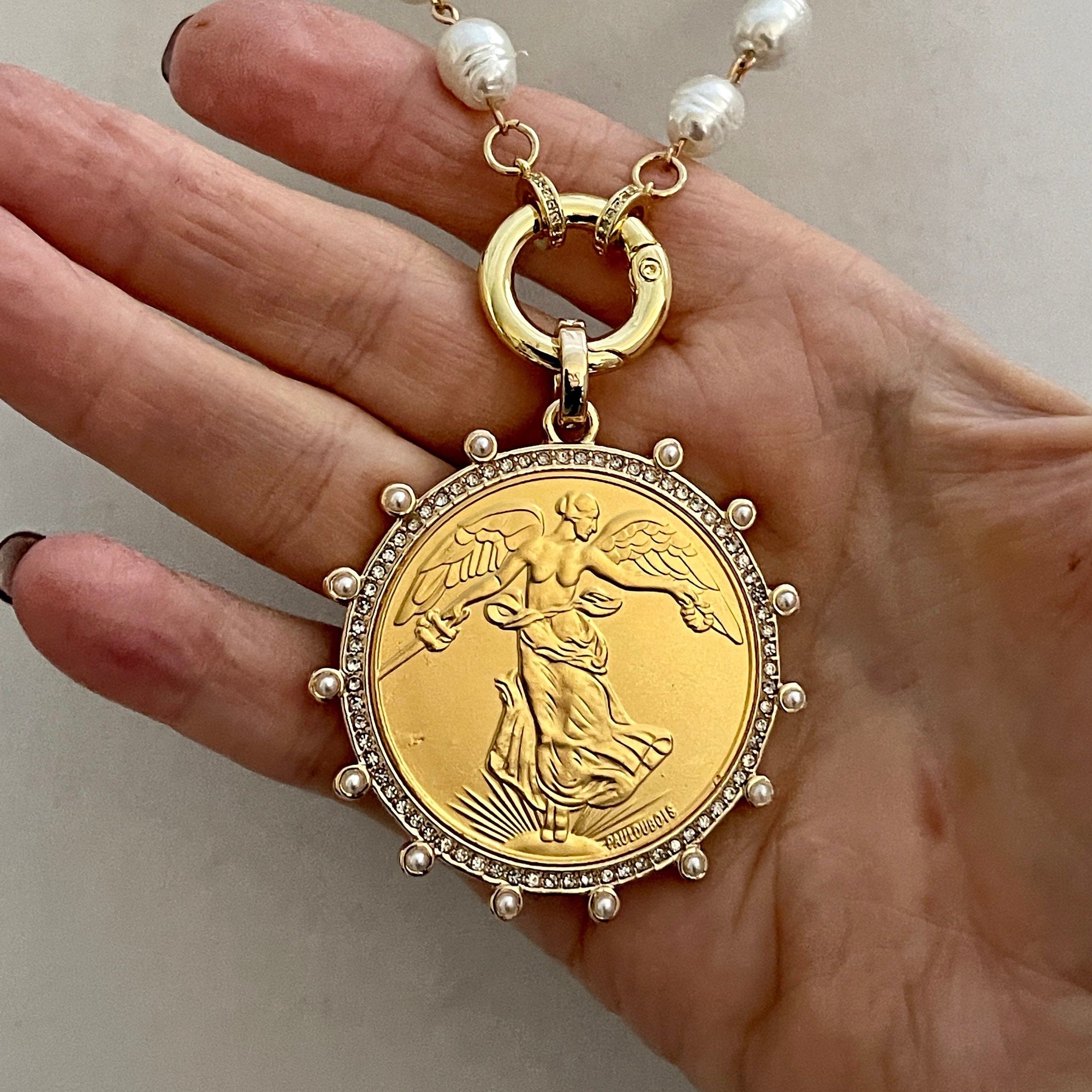 Gold French Coin Pendant Necklace: Porcelain Pearl, CZ Bezel
