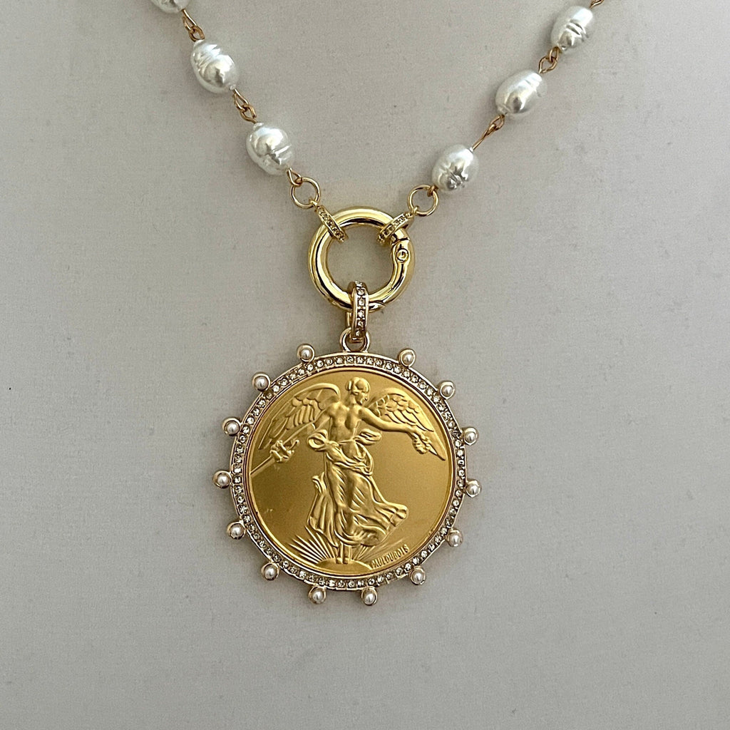 Gold French Coin Pendant-Porcelain Pearl Necklace-Reproduction Commemorative Coin