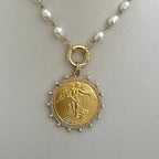Gold French Coin Pendant-Porcelain Pearl Necklace-Reproduction Commemorative Coin