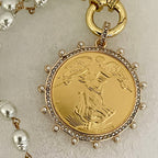 Gold French Coin Pendant-Porcelain Pearl Necklace-Reproduction Commemorative Coin
