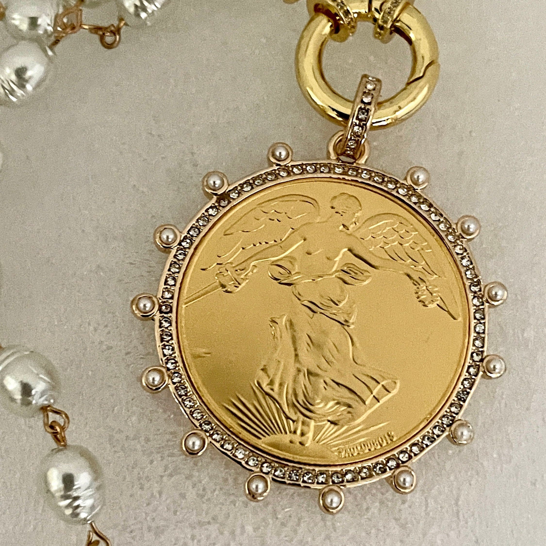 Gold French Coin Pendant-Porcelain Pearl Necklace-Reproduction Commemorative Coin