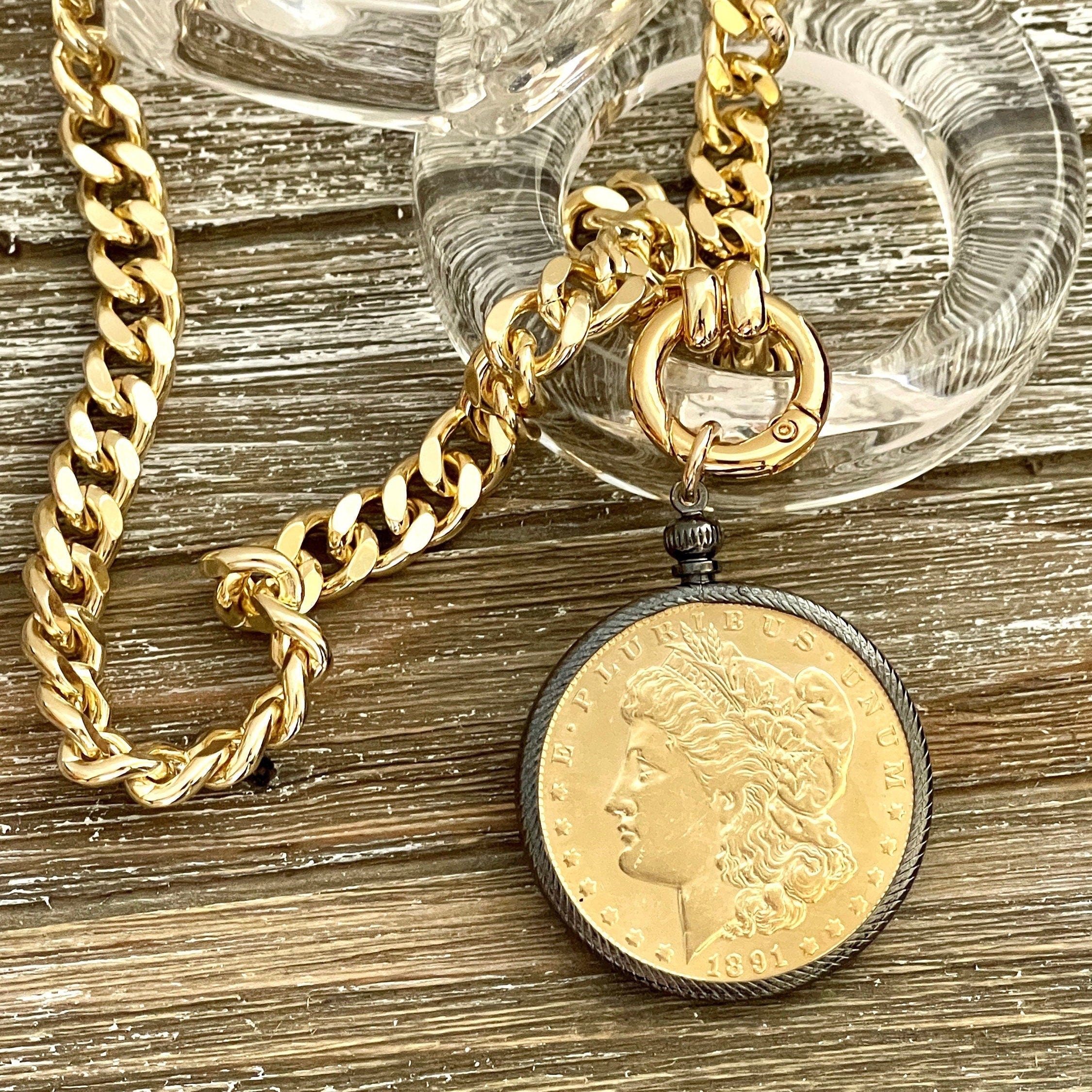 Gold Miami Cuban Chain Necklace: Reproduction Morgan Dollar Coin Pendant