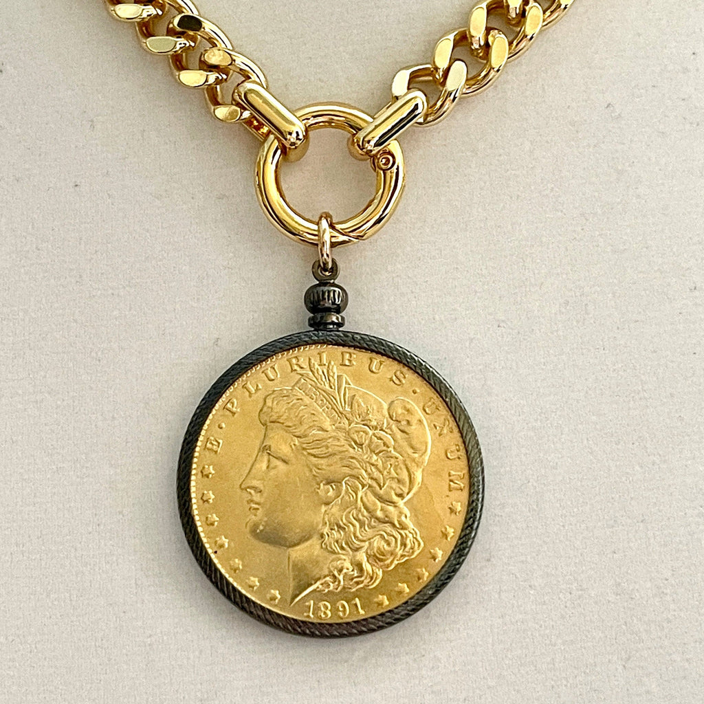 Gold Miami Cuban Chain Necklace: Reproduction Morgan Dollar Coin Pendant