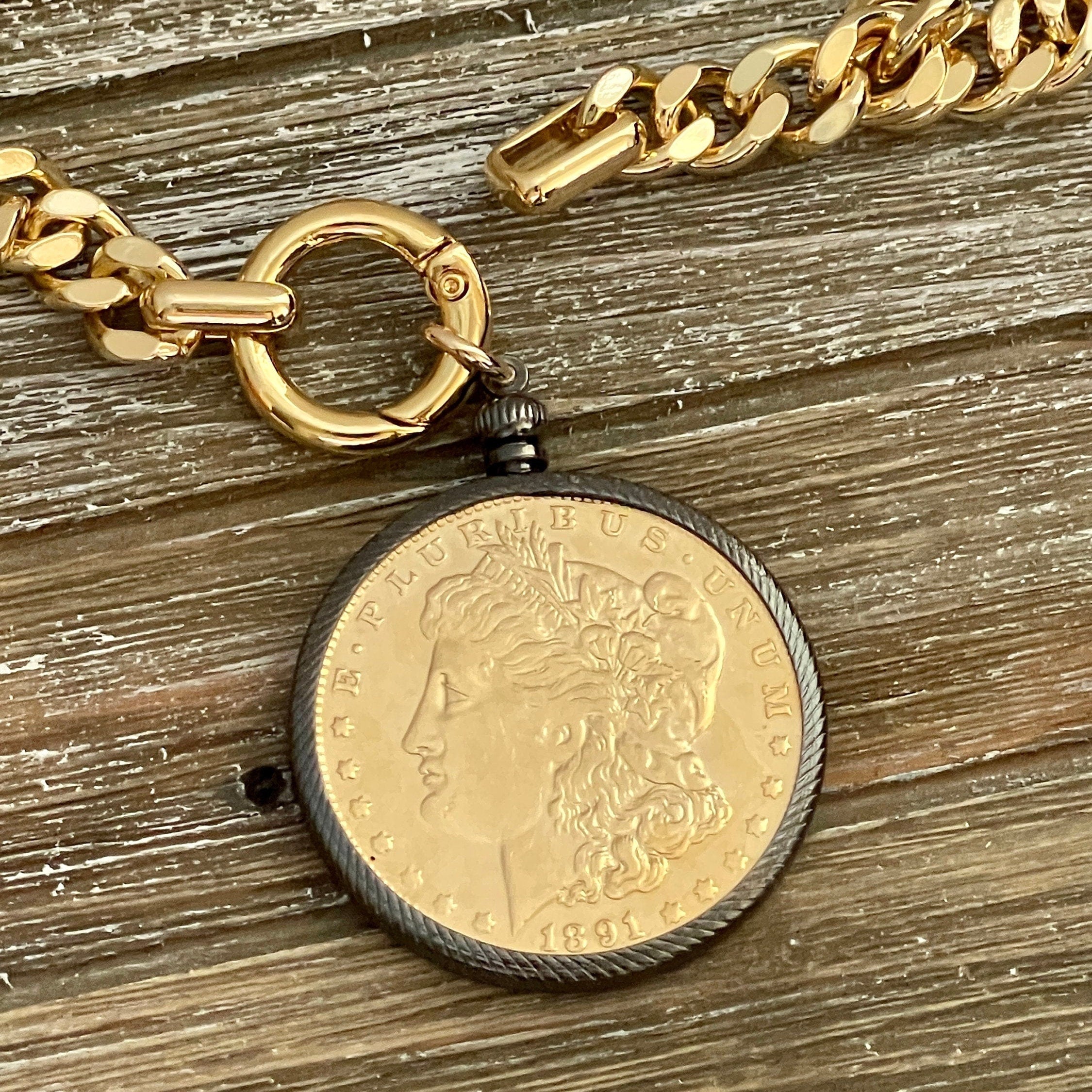 Gold Miami Cuban Chain Necklace: Reproduction Morgan Dollar Coin Pendant