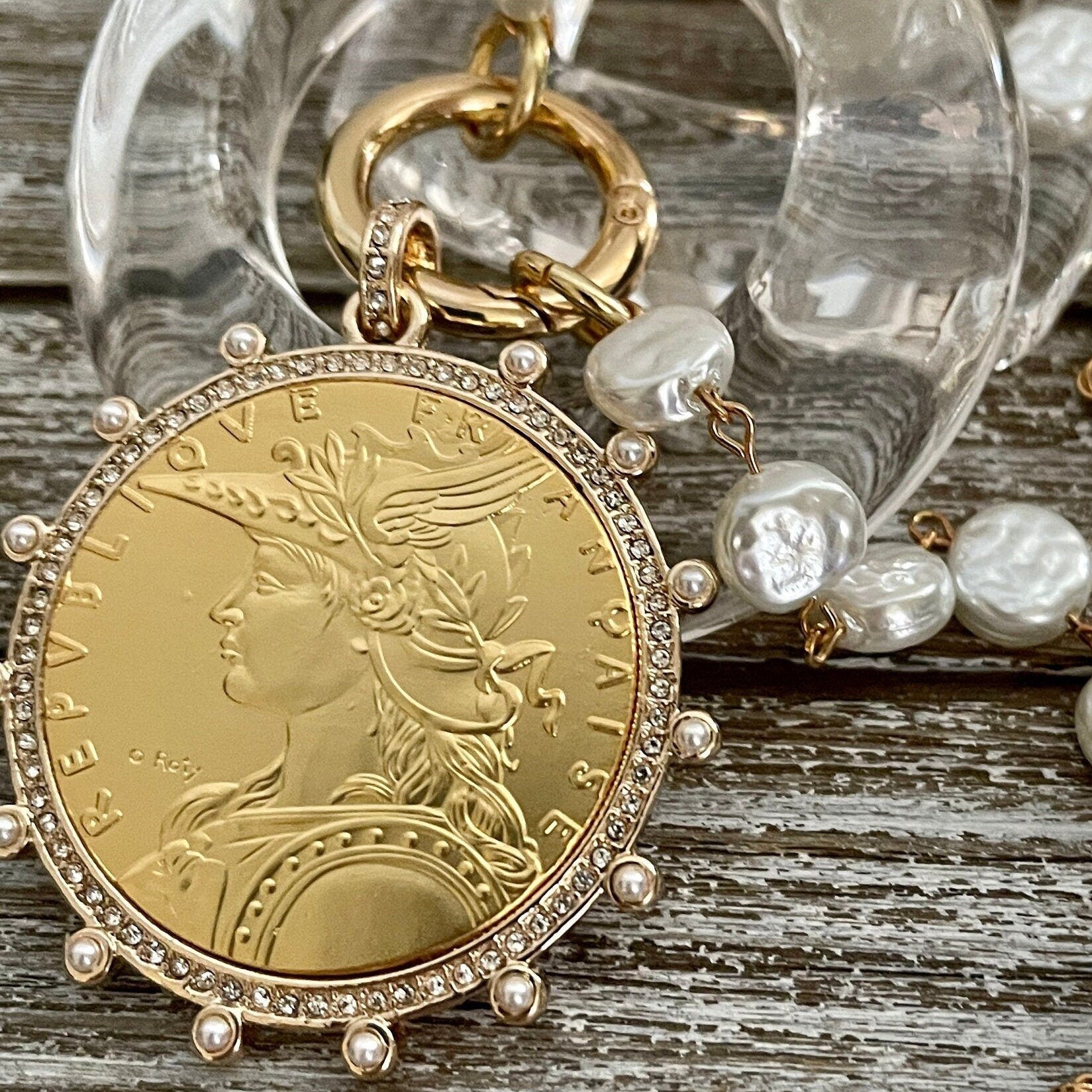 Gold French Coin Necklace: CZ, Pearl Bezel & Porcelain Chain