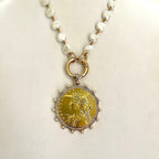 Gold Reproduction French Coin Necklace-Cubic Zirconia and Pearl Bezel